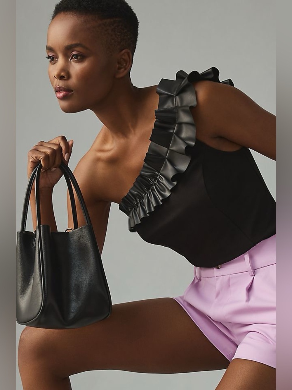 Anthropologie Sunday in Brooklyn One-Shoulder Ruffled Faux Leather Top Sz Small